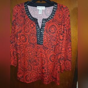 Cathy Daniels Women's Red and Black Patterned Top With Embelishments.